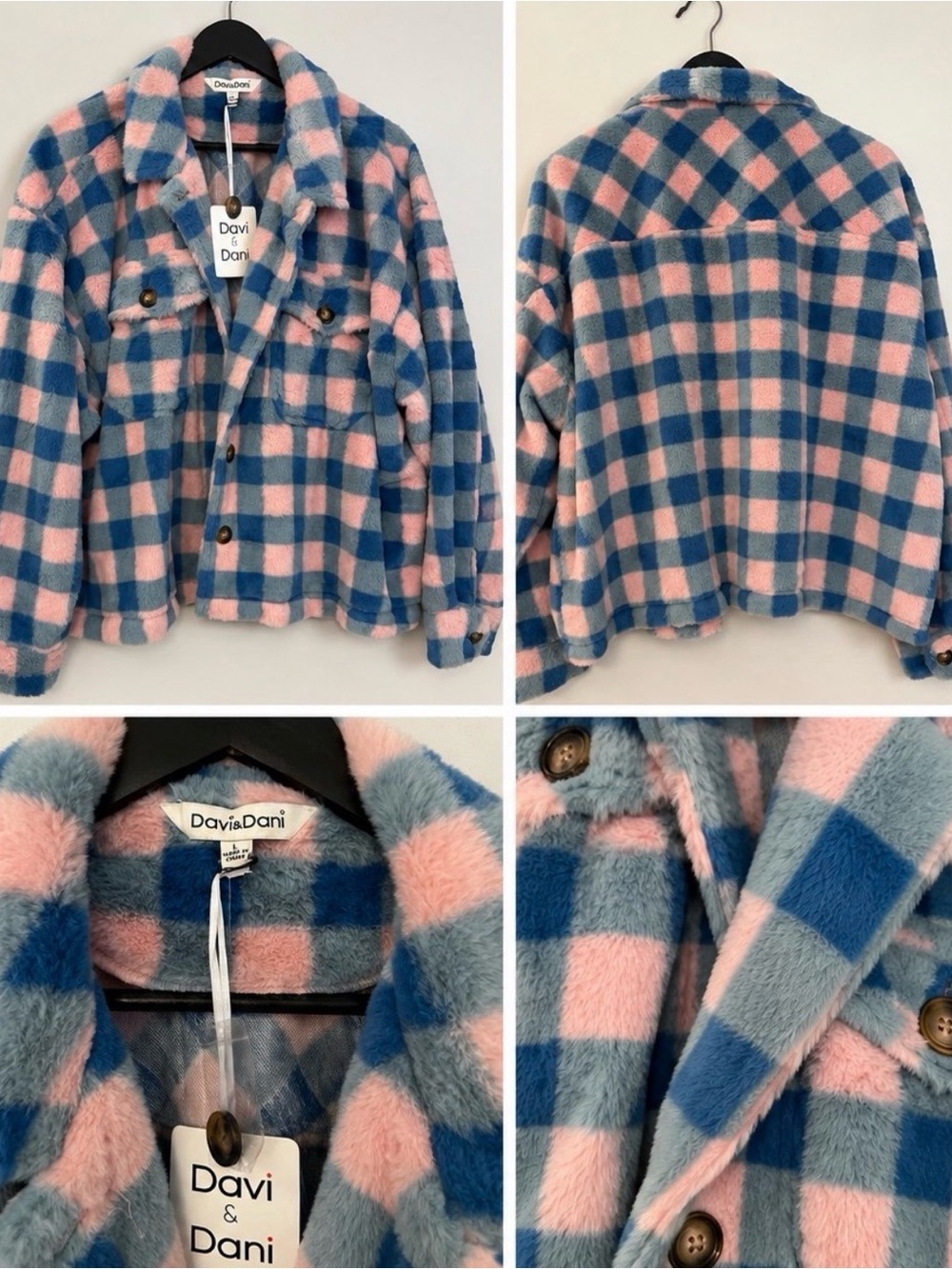 Davi & Dani Blue & Pink Plaid Fuzzy Jacket – NWT large